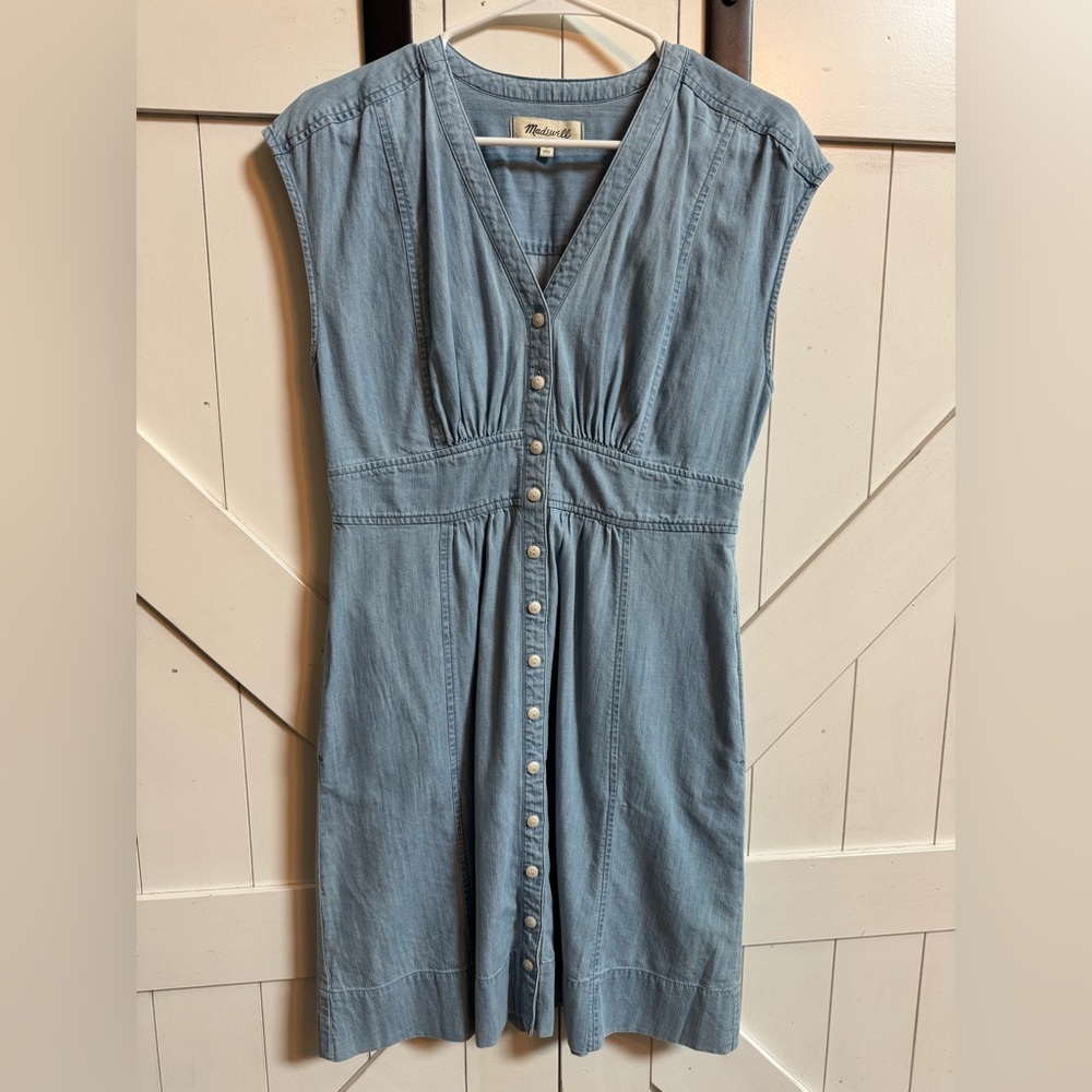Madewell Denim Cap Sleeve Button Front Dress in Sunwashed Indigo